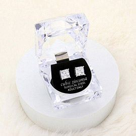 8mm Square Crystal Cubic Zirconia CZ Stud Earrings with Clear Box