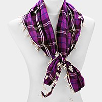 Crochet drop fringe plaid check scarf