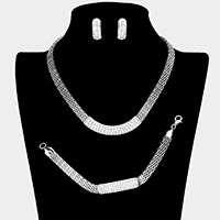 3PCS - Rhinestone Pave Pendant Accented Mesh Chain Necklace Set