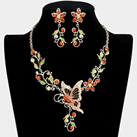 Butterfly Accented Flower Rhinestone Necklace