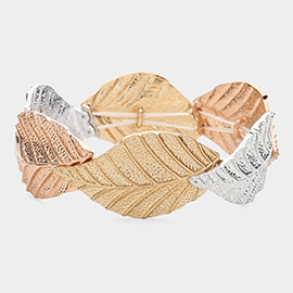 Tri-Tone Textured Metal Leaf Stretch Bracelet