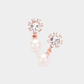 Crystal Rosette Pearl Link Dangle Earrings