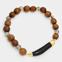 Natural stone horn tusk & wood pearl strand stretch bracelet
