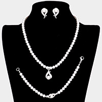 3PCS - Crystal detail pearl strand necklace jewelry set