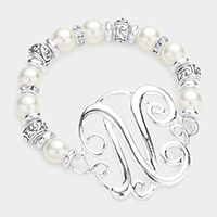 -N- Monogram Charm Pearl Filigree Stretch Bracelet