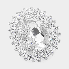 Oval Glass Crystal Double Flower Pin Brooch
