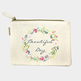 Beautiful Day Message Flower Printed Cotton Canvas Eco Pouch Bag