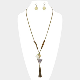 Triangle Stone with Faux Leather Tassel Long Necklace