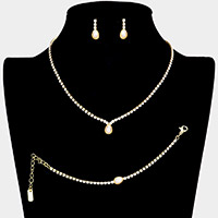 3PCS - Teardrop Pearl Accented Rhinestone Necklace Jewelry Set