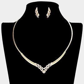 Pave Crystal Rhinestone V Detail Necklace