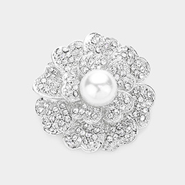 Pearl Centered Crystal Pave Flower Pin Brooch