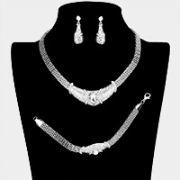3PCS - Crystal Teardrop Accented Pendant Collar Necklace Set
