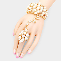 Pearl Crystal Rhinestone Cuff Hand Chain Bracelet