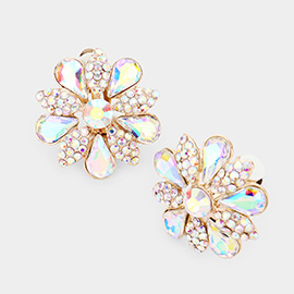Pave Crystal Teardrop Floral Evening Clip On Earrings