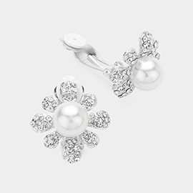Pearl Centered Crystal Floral Clip On Earrings