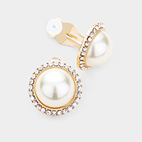 Pearl Centered Crystal Pave Trimmed Round Clip On Earrings