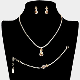 3PCS - Teardrop Crystal Rhinestone Drop Necklace Jewelry Set
