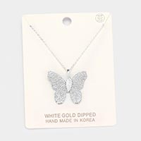 White Gold Dipped Textured Butterfly Pendant Necklace
