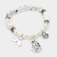 Mermaid and Shell Charm Pearl Bead Stretch Bracelet