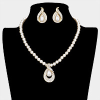 Rhinestone Pave Teardrop Pearl Beaded Collar Necklace