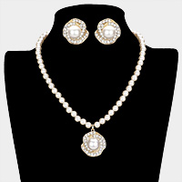 Rosette Pearl Rhinestone Pave Collar Necklace