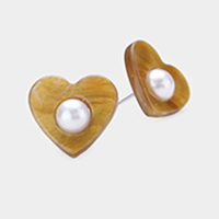 Celluloid Acetate Heart Centered Pearl Stud Earrings