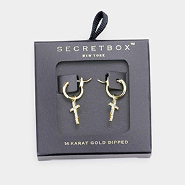 Secret_Box - 14K Gold Dipped CZ Cross Drop Pin Catch Earrings