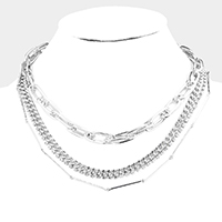 Layered Rhinestone Metal Chain Link Necklace