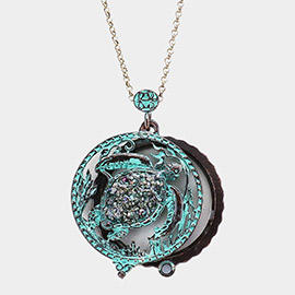 Antique Metal Turtle Magnifying Glass Pendant Long Necklace