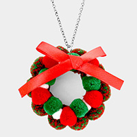 Bow Pom Pom Wreath Long Pendant Necklace