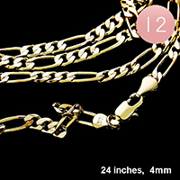 12PCS - 24 INCH, 4mm Gold Plated Figaro Chain Metal Necklaces