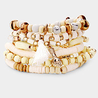 9PCS - Boho Wood Multi Bead Tassel Charm Layered Stretch Bracelets