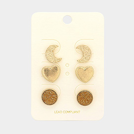 3Pairs - Textured Metal Crescent Moon Heart Druzy Round Stud Earrings