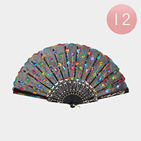 12PCS - Sequin Flower Folding Fans