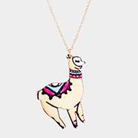 Colored Wood Llama Pendant Long Necklace