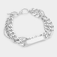 Metal ID Bar Accented Triple Layered Chain Toggle Bracelet