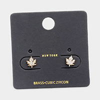 CZ Cubic Zirconia Embellished Brass Metal Maple Leaf Stud Earrings