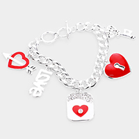 Love Heart Lock Key Charm Toggle Bracelet