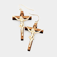 Wood Metal Jesus Christ Cross Dangle Earrings