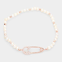 Rhinestone Safety Pin Accented Freshwater Pearl Stretch Bracelet