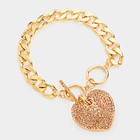 Rhinestone Embellished Heart Charm Toggle Bracelet