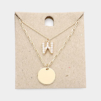 -W- Rhinestone Monogram Metal Disc Pendant Double Layered Necklace