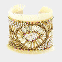 Boho Multi Bead Embellished Tassel Trimmed Cuff Bracelet
