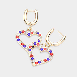Stone Embellished Open Heart Dangle Huggie Earrings
