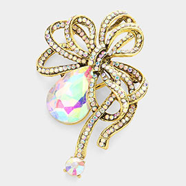 Glass crystal teardrop accented bow brooch / pendant