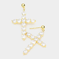 Gold Dipped CZ Embellished Cross Dangle Earrings
