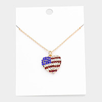 Rhinestone Embellished American USA Flag Heart Pendant Necklace