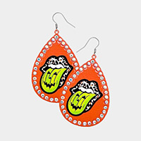 Tongue Out Mouth Pumpkin Printed Metal Teardrop Dangle Earrings