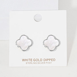 White Gold Dipped Metal Trim Mother of Pearl Quatrefoil Stud Earrings