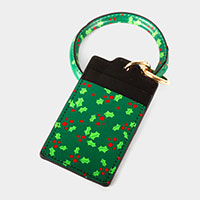 Poinsettia Leaf Printed Faux Leather Card Holder Keychain / Bracelet
